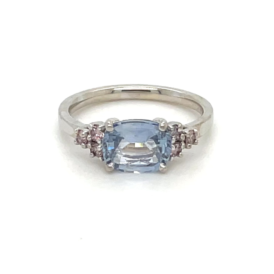 14K White Gold Light Blue Sapphire and Pink Diamond Ring 1.63/0.18ct