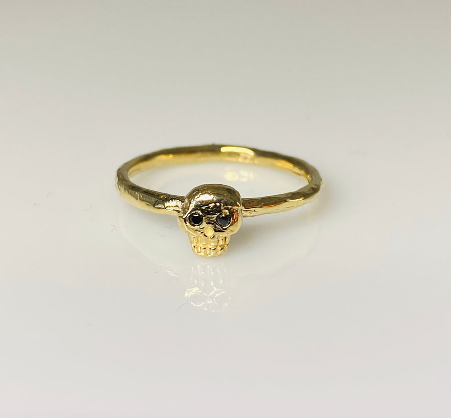 14K Yellow Gold Black Diamond Skull Ring