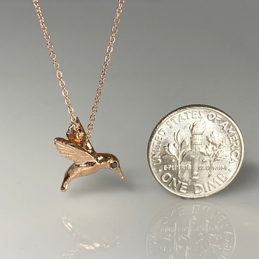 14K Rose Gold Black Diamond Hummingbird Necklace