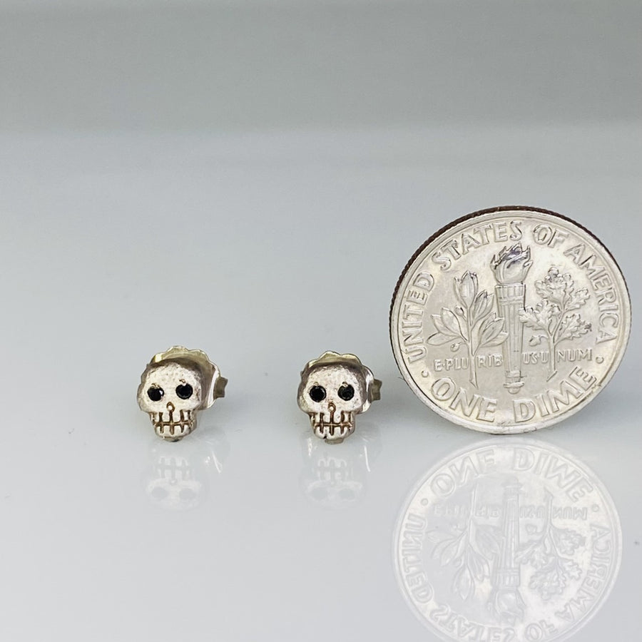 Silver Black Diamond Skull Earrings