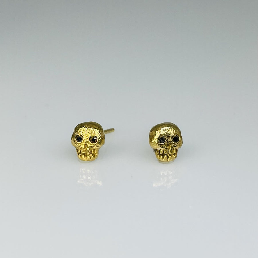 14K Yellow Gold Black Diamond Skull Earrings