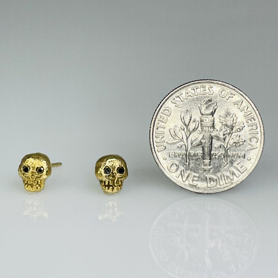 14K Yellow Gold Black Diamond Skull Earrings