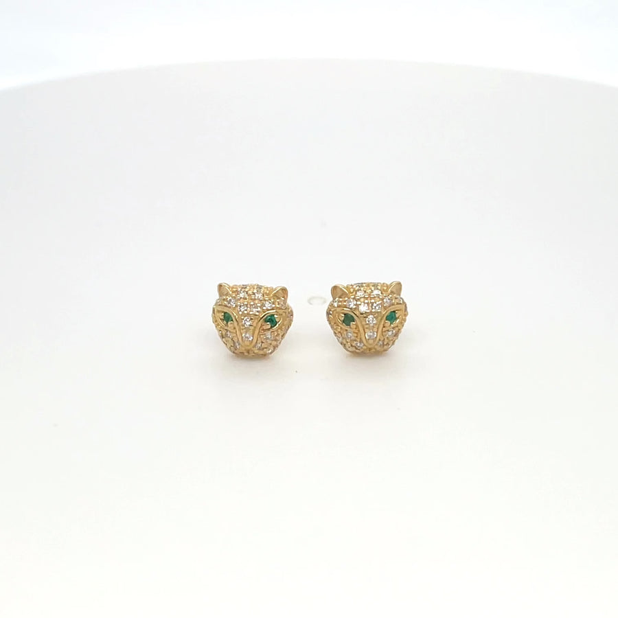 14K Yellow Gold Diamond/Emerald Mini Panther Earrings 0.14/.02ct