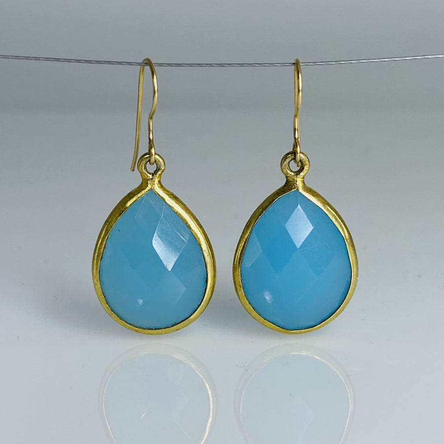 Bezel Set Blue Chalcedony Drop Earrings 17x25mm
