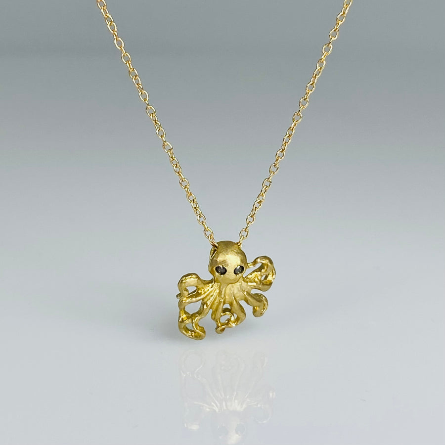14K Yellow Gold Black Diamond Octopus Necklace