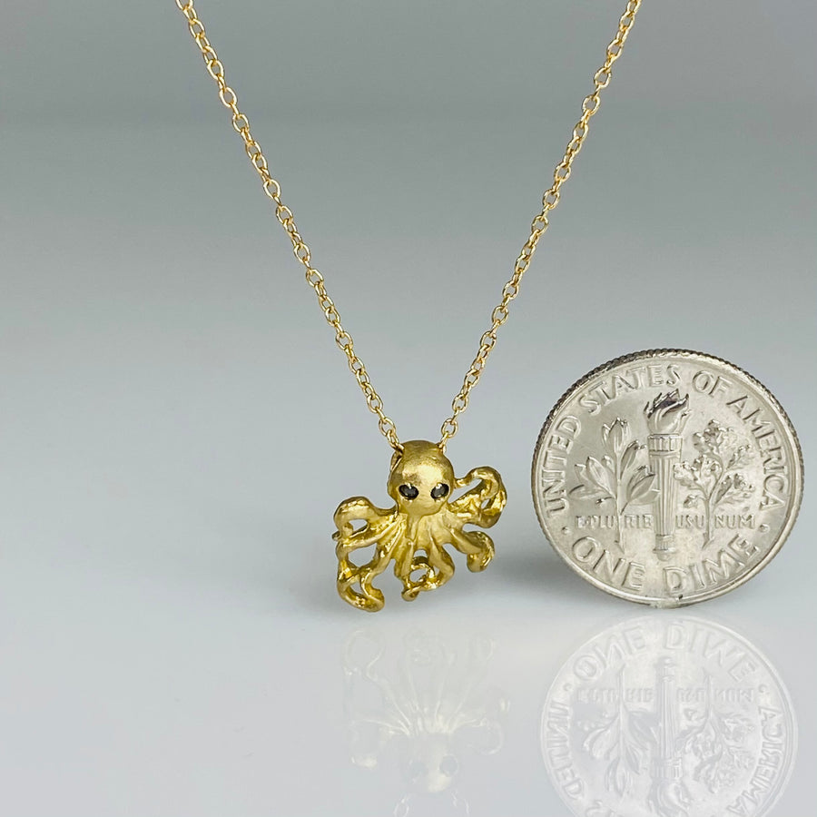 14K Yellow Gold Black Diamond Octopus Necklace