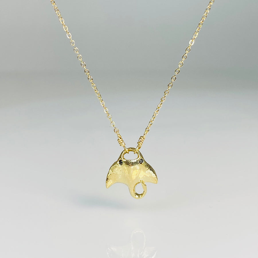 14K Yellow Gold Black Diamond Manta Ray Pendant