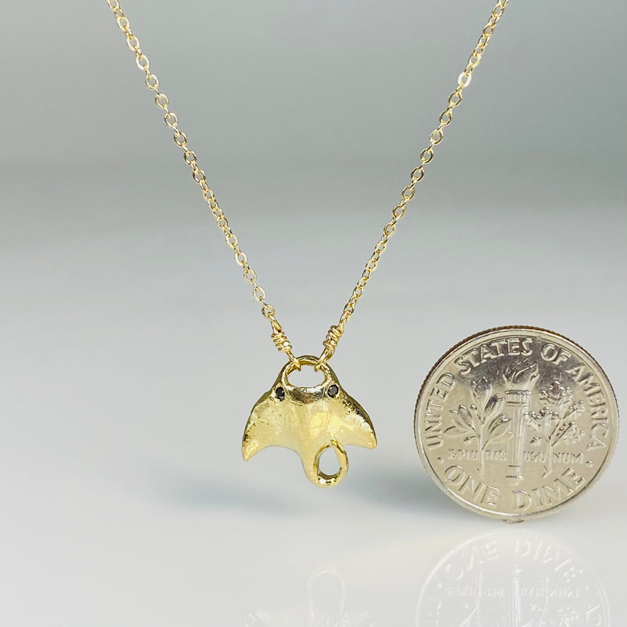 14K Yellow Gold Black Diamond Manta Ray Pendant