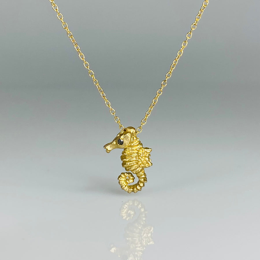 14K Yellow Gold Black Diamond Seahorse Necklace