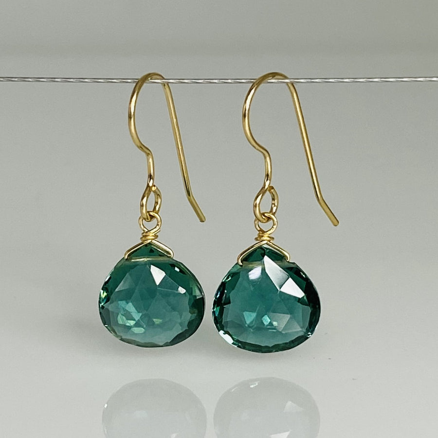 14K Yellow Gold Emerald Hydro Quartz Teardrop Earrings 10mm