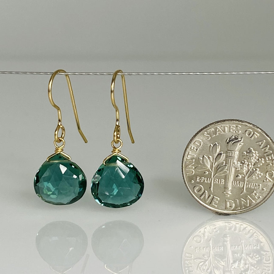14K Yellow Gold Emerald Hydro Quartz Teardrop Earrings 10mm