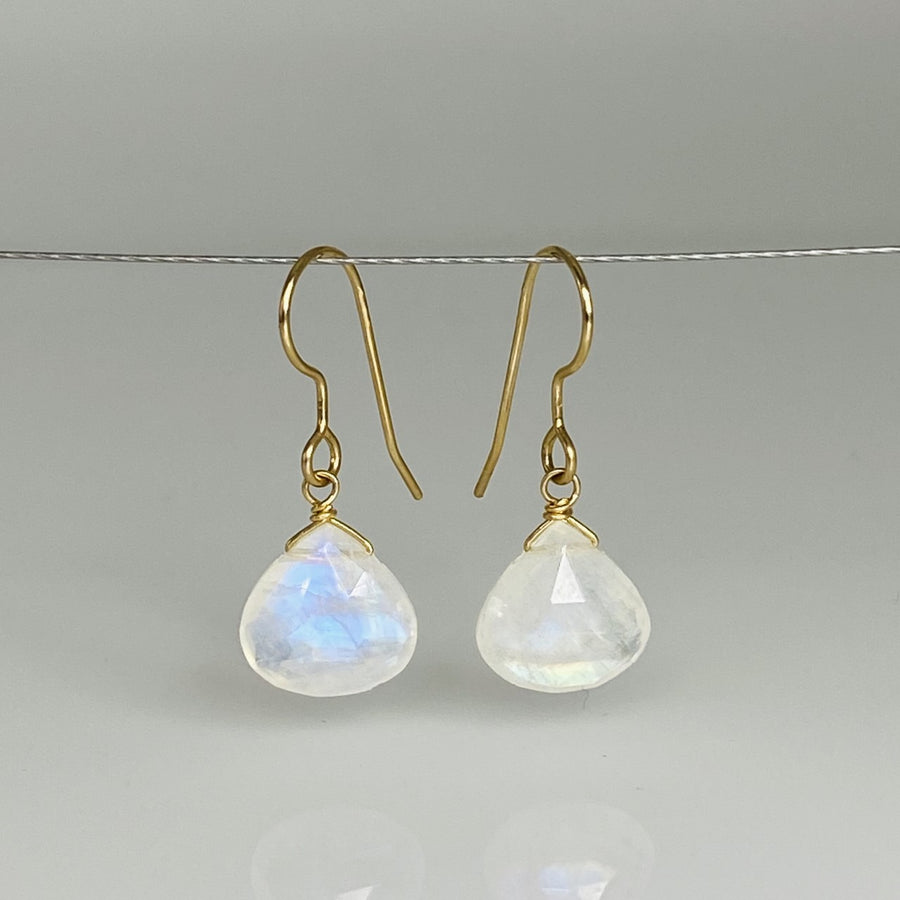 14K Yellow Gold Rainbow Moonstone Teardrop Earrings 10mm