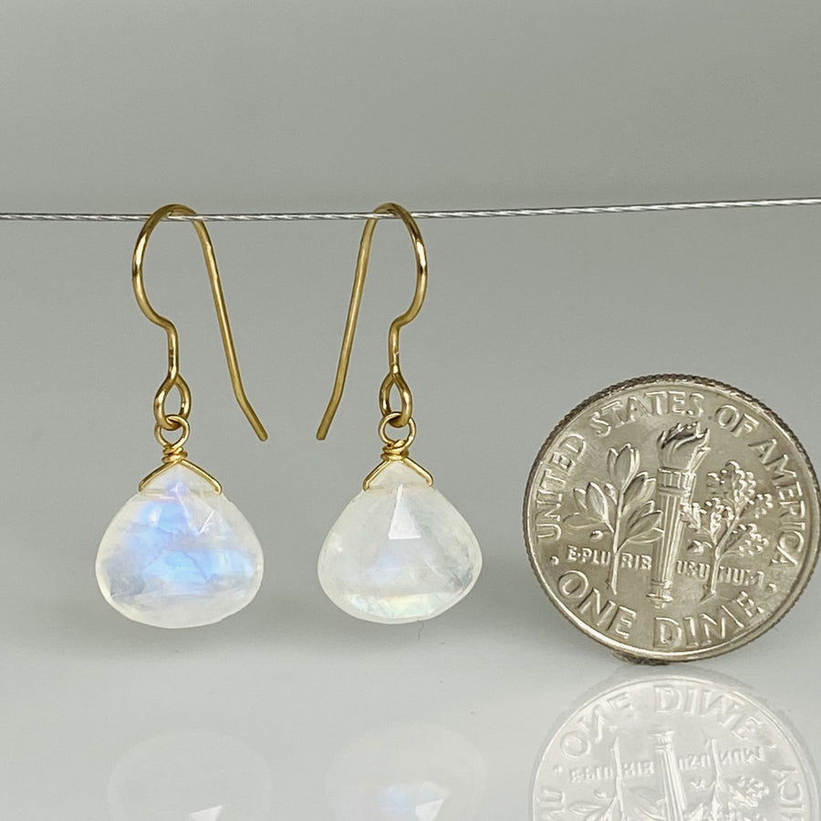 14K Yellow Gold Rainbow Moonstone Teardrop Earrings 10mm