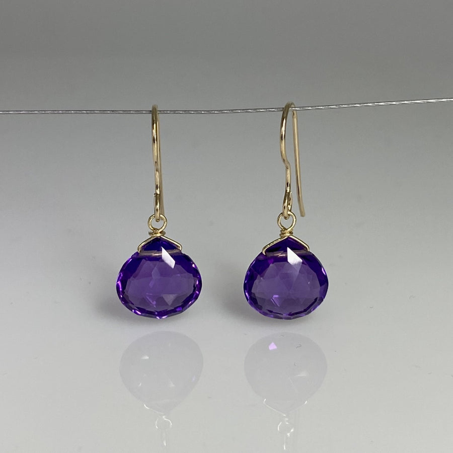 14K Yellow Gold Amethyst Quartz Teardrop Earrings 10mm