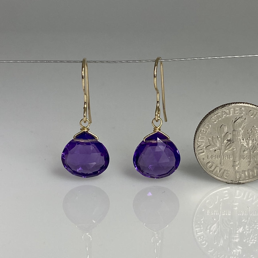14K Yellow Gold Amethyst Quartz Teardrop Earrings 10mm