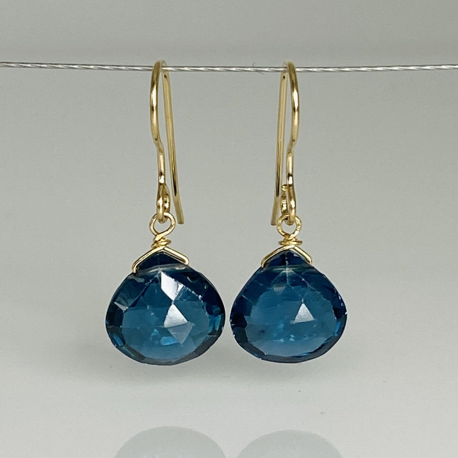 14K Yellow Gold London Blue Hydro Quartz Teardrop Earrings 10mm