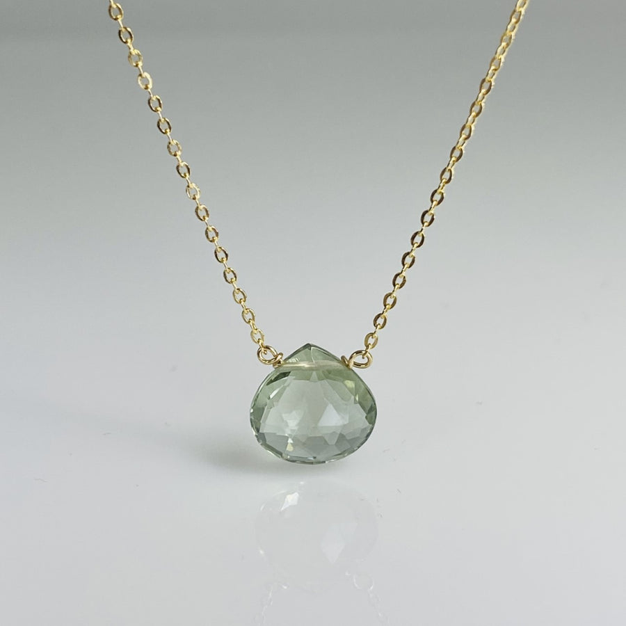 14K Yellow Gold Light Green Hydro Quartz Necklace 10mm