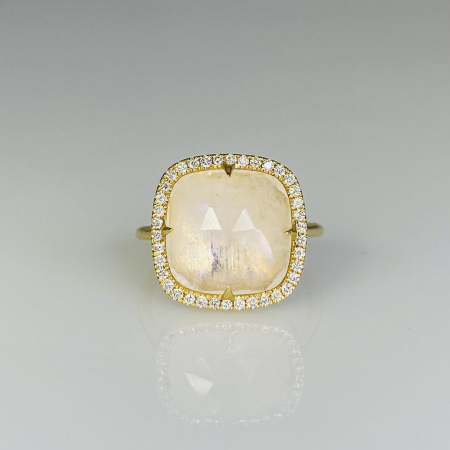 14K Yellow Gold Rainbow Moonstone Diamond Ring 0.35ct