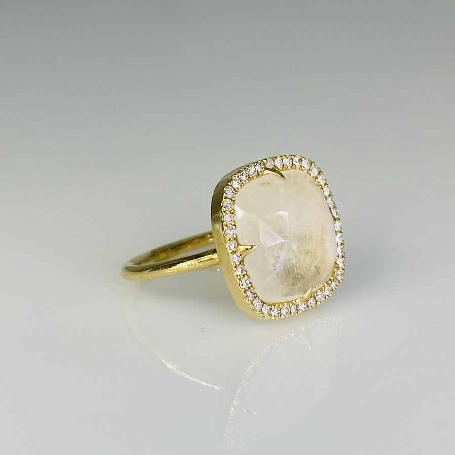 14K Yellow Gold Rainbow Moonstone Diamond Ring 0.35ct
