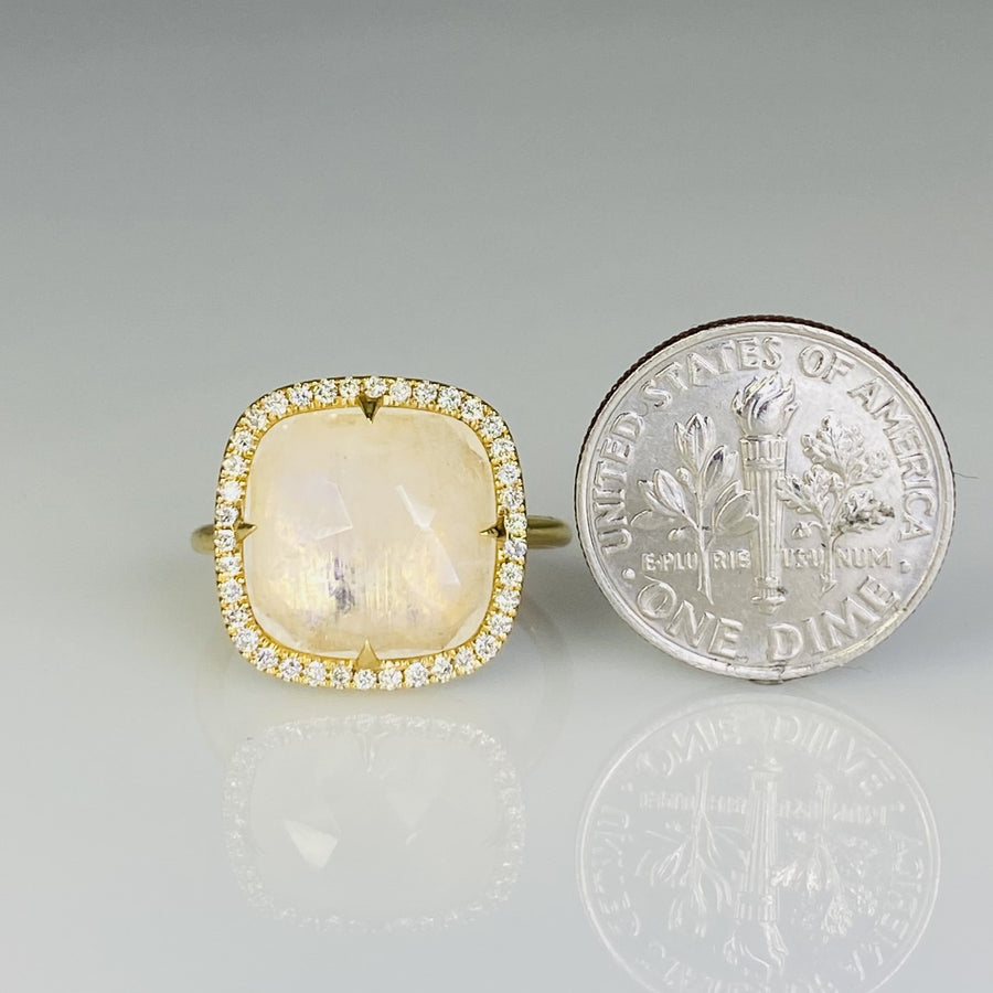 14K Yellow Gold Rainbow Moonstone Diamond Ring 0.35ct