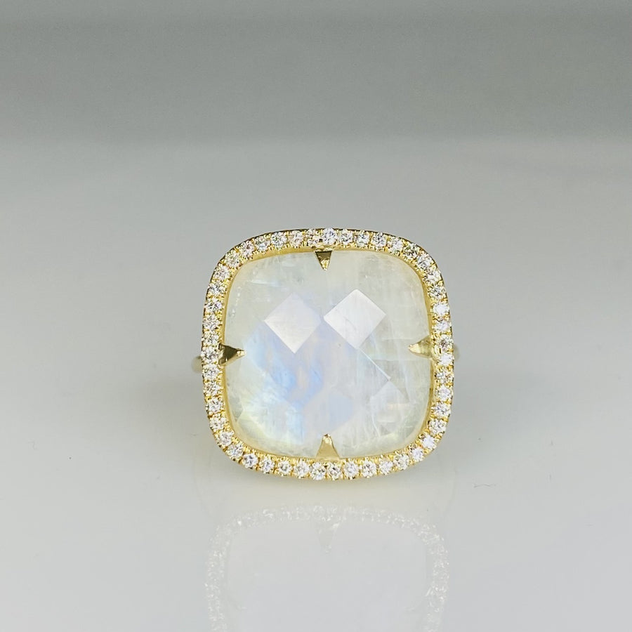 14K Yellow Gold Rainbow Moonstone Diamond Ring 0.50ct