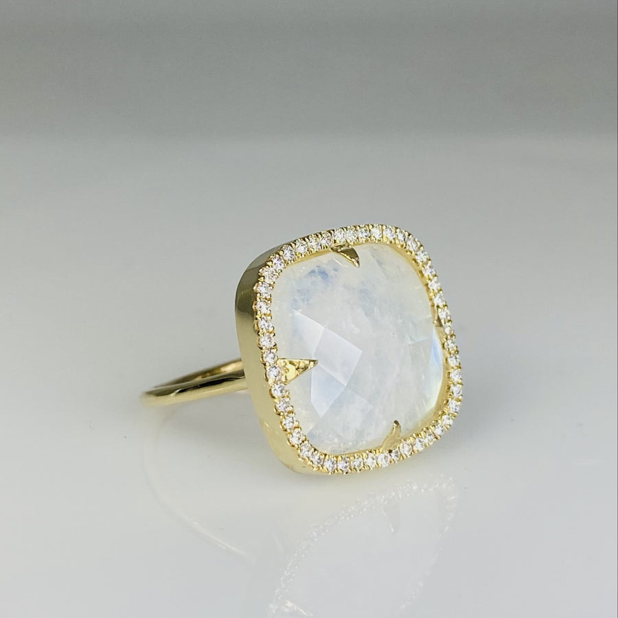 14K Yellow Gold Rainbow Moonstone Diamond Ring 0.50ct
