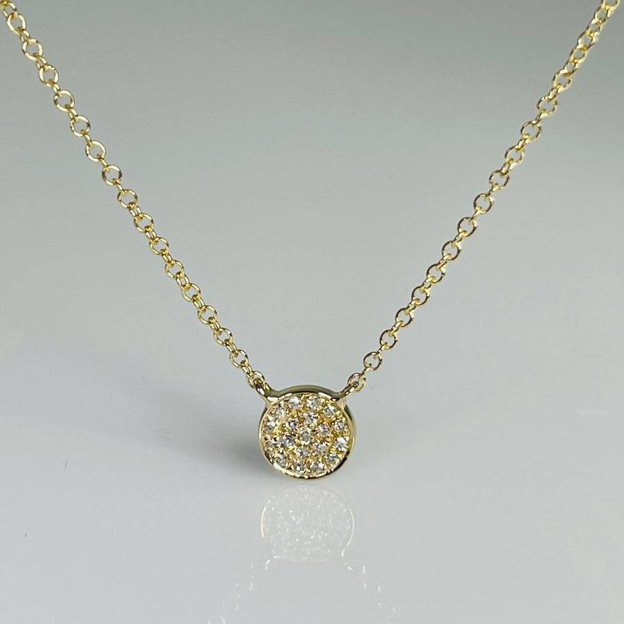 14K Yellow Gold Pave Diamond Disc Necklace 0.10ct