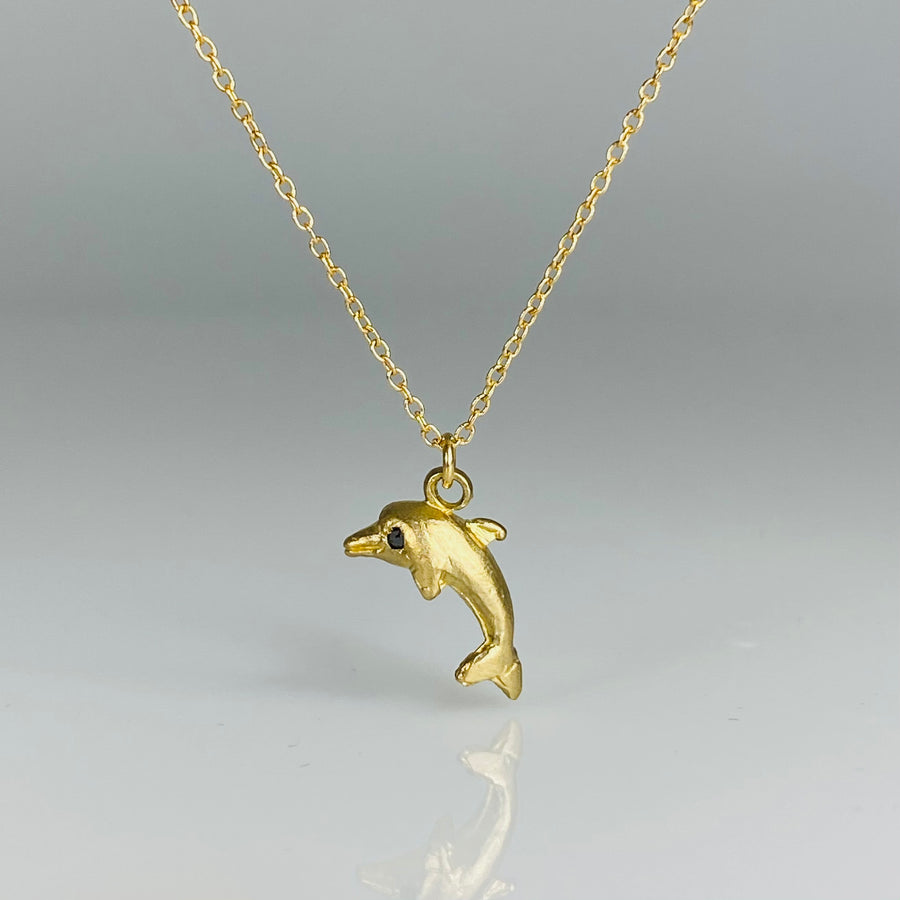 14K Yellow Gold Black Diamond Dolphin Necklace