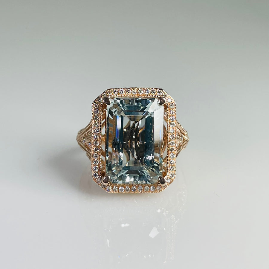 14K Rose Gold Aquamarine Diamond Ring 10.61ct/0.25ct
