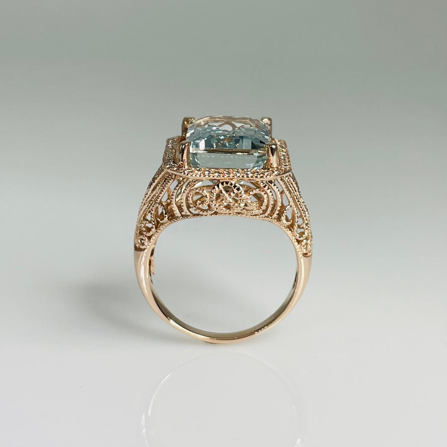 14K Rose Gold Aquamarine Diamond Ring 10.61ct/0.25ct