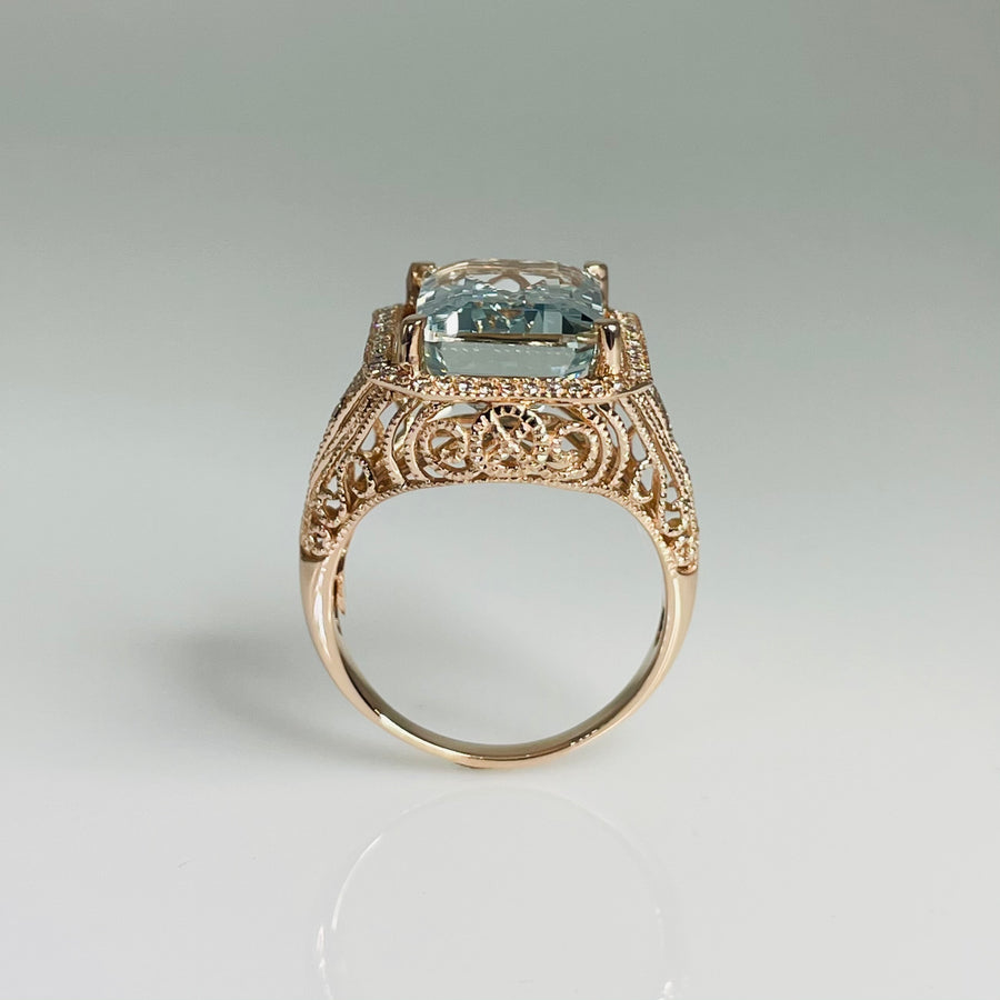 14K Rose Gold Aquamarine Diamond Ring 8.5ct/0.25ct