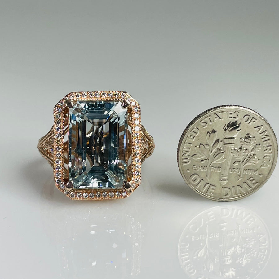 14K Rose Gold Aquamarine Diamond Ring 10.61ct/0.25ct