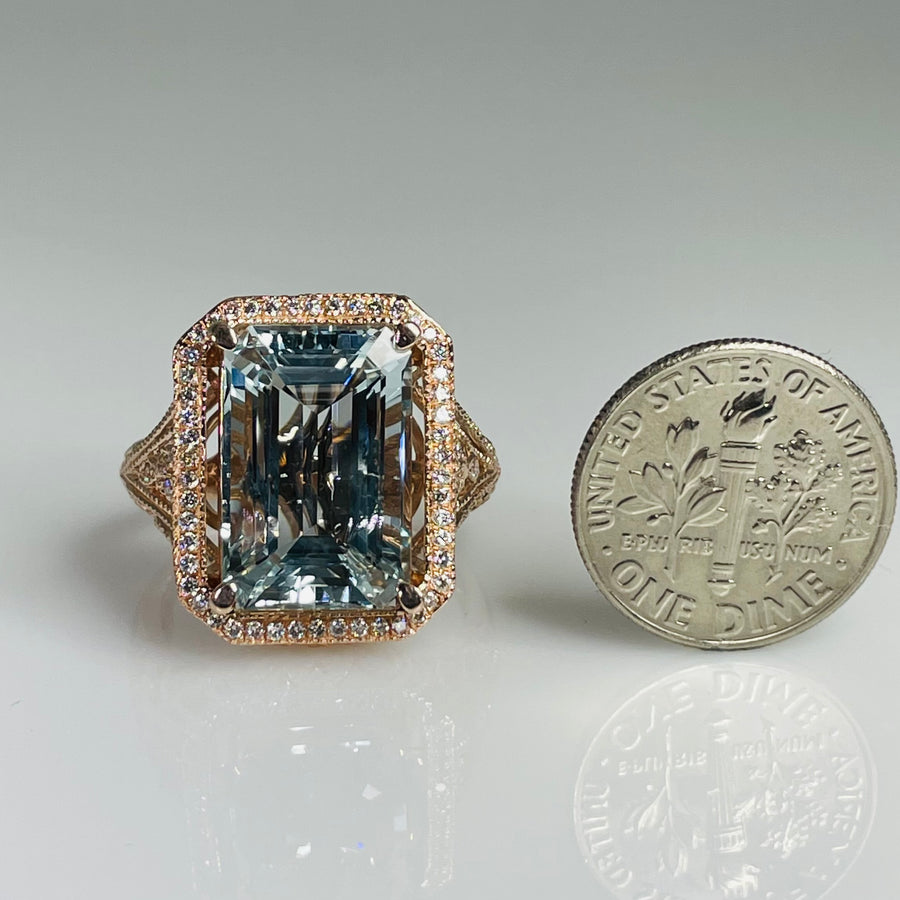 14K Rose Gold Aquamarine Diamond Ring 8.5ct/0.25ct