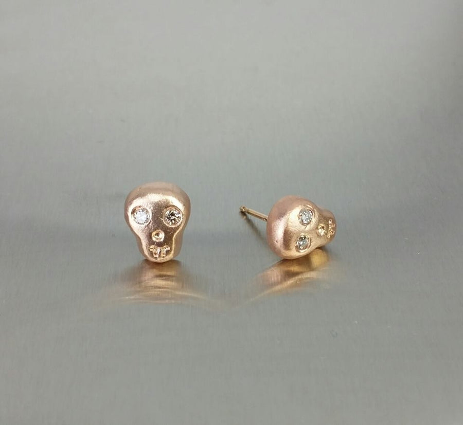14K Rose Gold White Diamond Skull Earrings