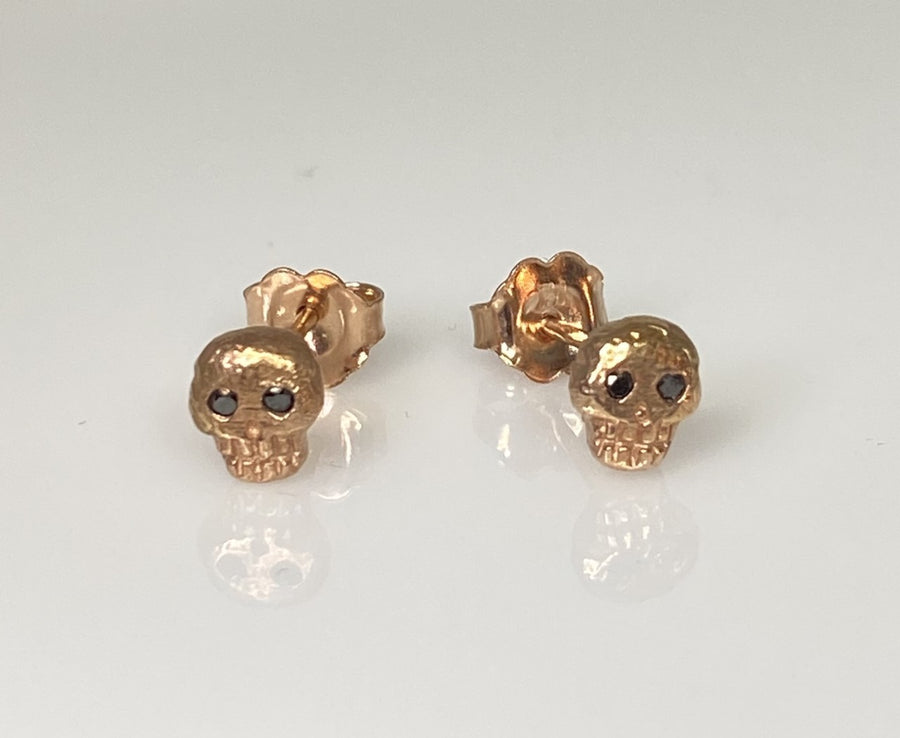 14K Rose Gold Black Diamond Skull Earrings