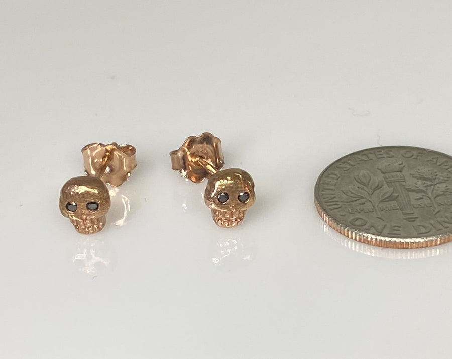 14K Rose Gold Black Diamond Skull Earrings