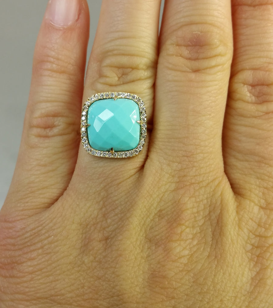 14K Yellow Gold Turquoise Diamond Ring 0.50ct