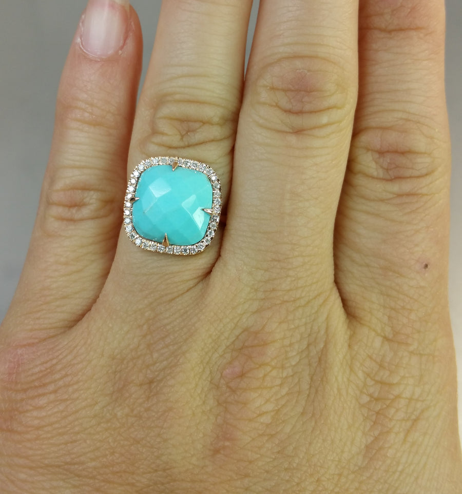 14K Rose Gold Turquoise Diamond Ring 0.35ct