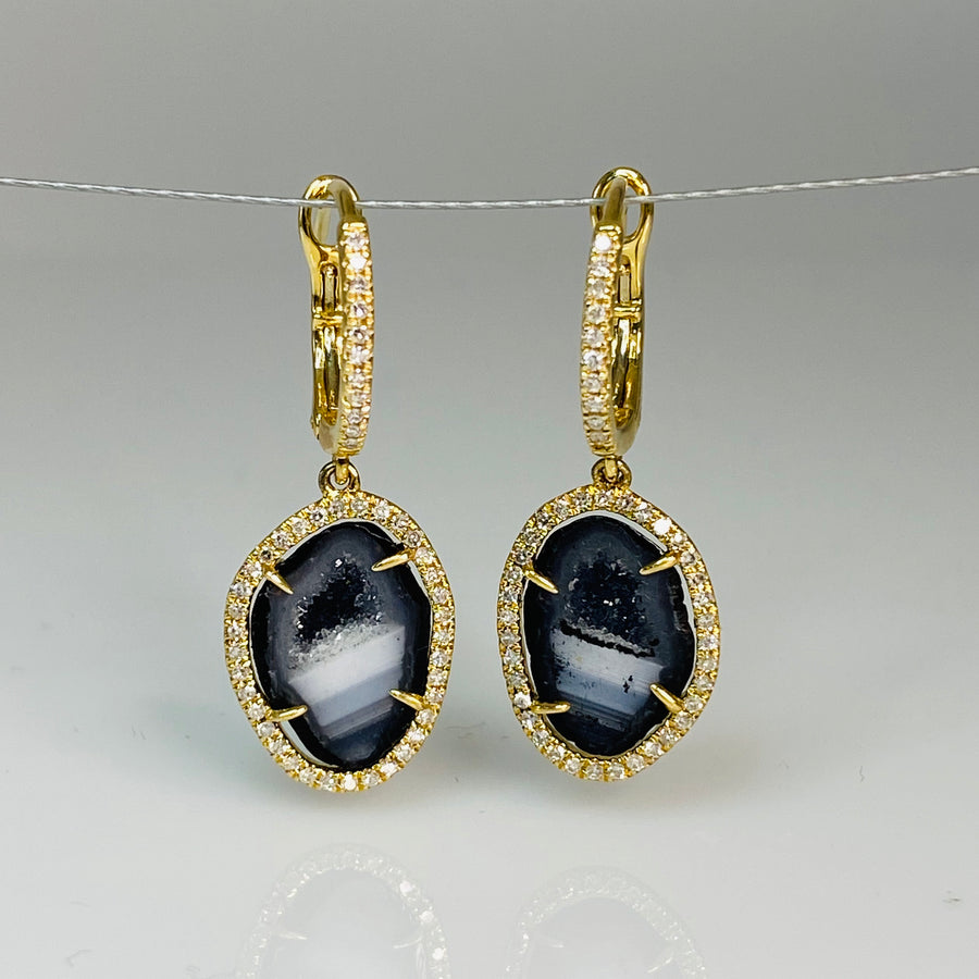 14K Yellow Gold Geode and Diamond Earrings 6.22ct/0.35ct