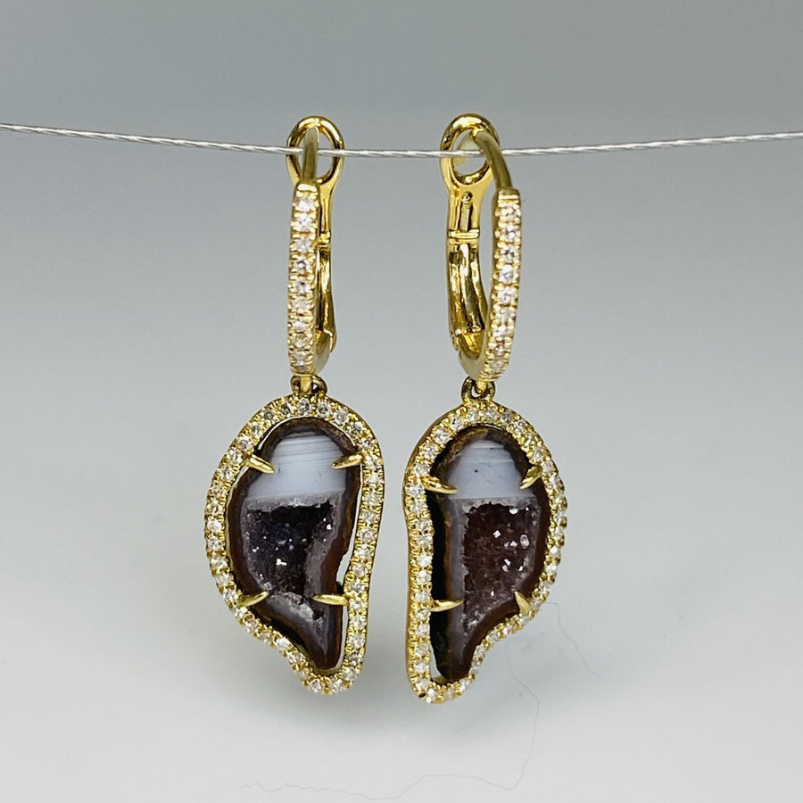 14K Yellow Gold Geode and Diamond Earrings 4.86ct/0.38ct
