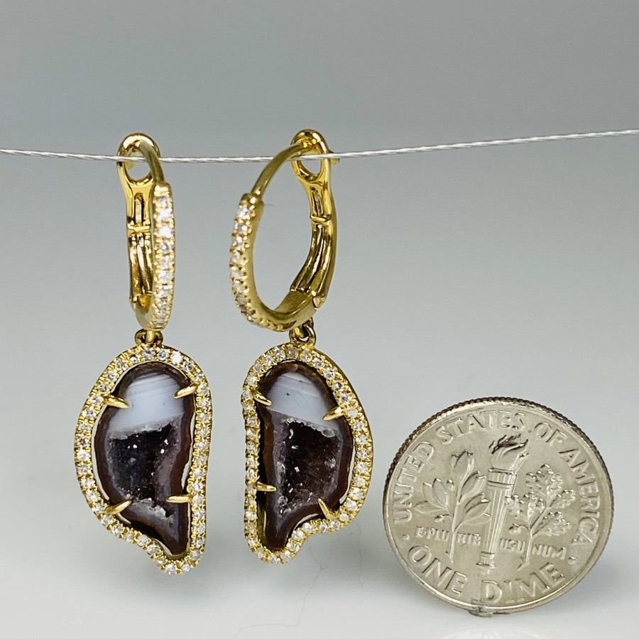 14K Yellow Gold Geode and Diamond Earrings 4.86ct/0.38ct