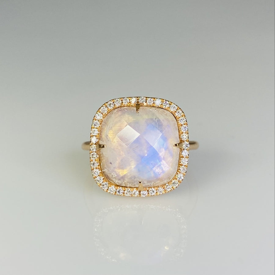 14K Rose Gold Rainbow Moonstone Diamond Ring 0.35ct