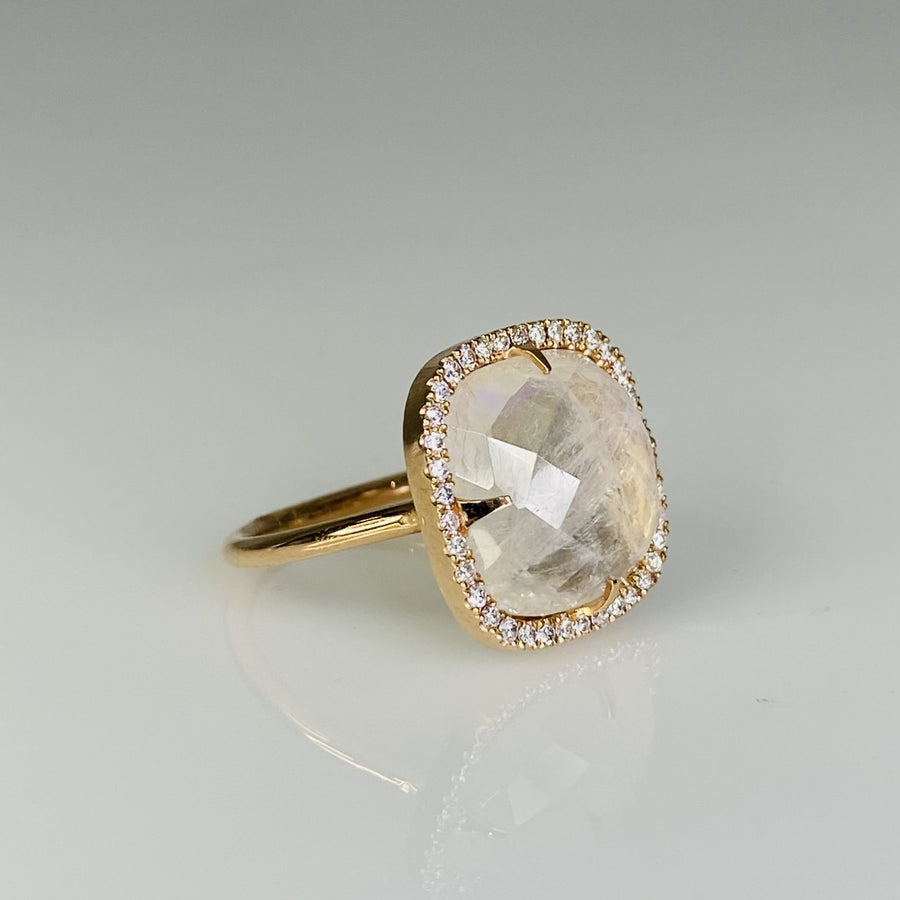 14K Rose Gold Rainbow Moonstone Diamond Ring 0.35ct