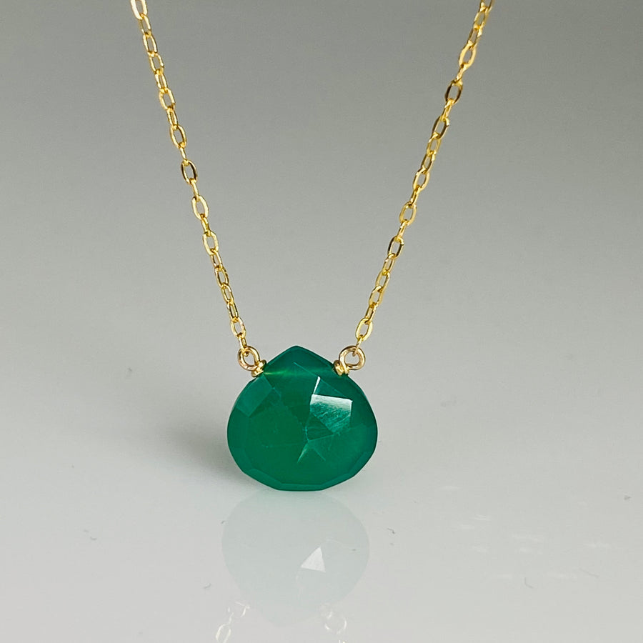 14K Yellow Gold Green Onyx Drop Necklace 10mm