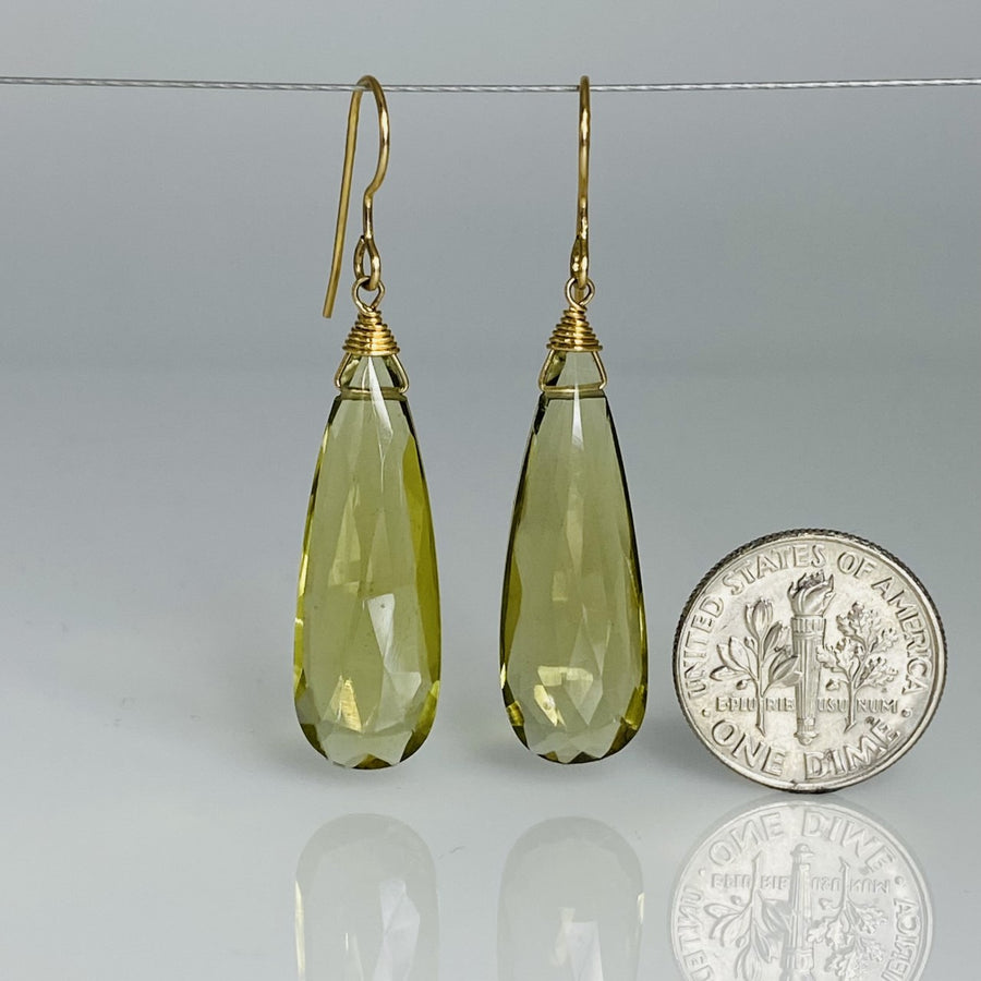Elongated Olive Quartz Earrings 10x30mm