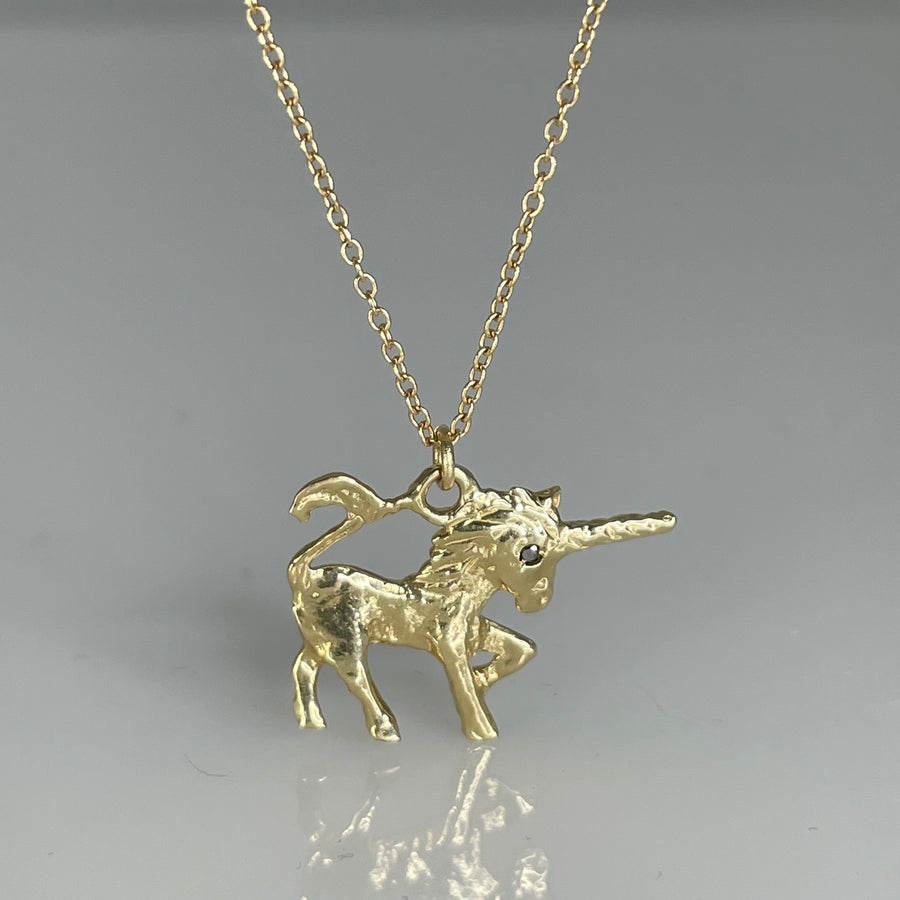 14K Yellow Gold Black Diamond Unicorn Necklace