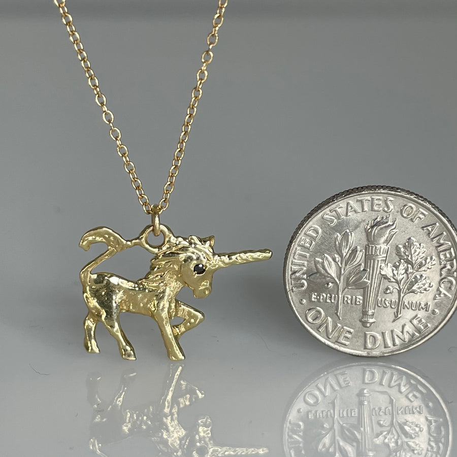 14K Yellow Gold Black Diamond Unicorn Necklace