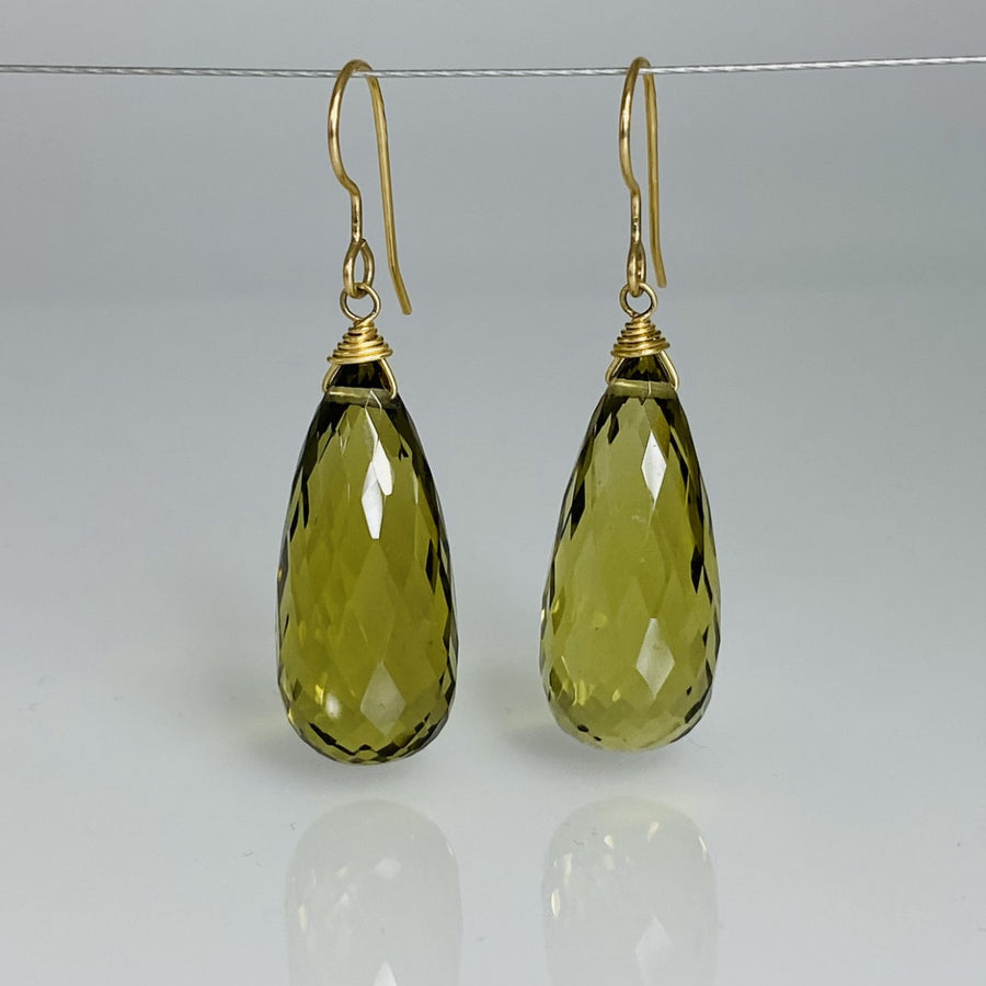 Briolette Olive Quartz Earrings 11x27mm
