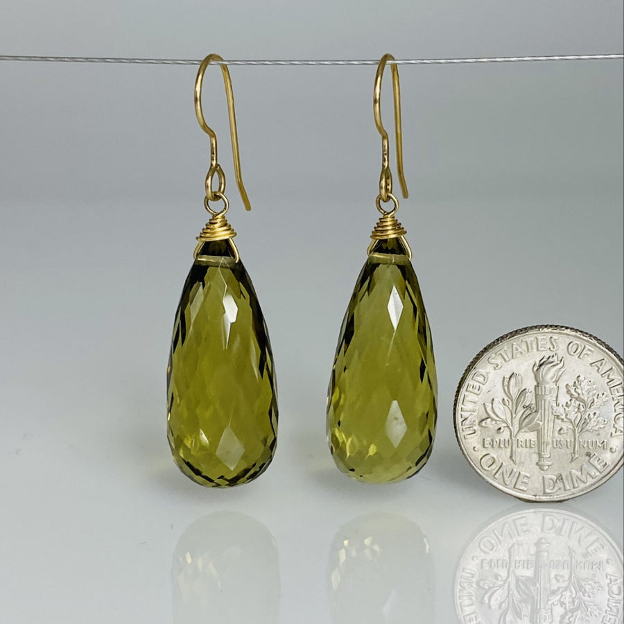 Briolette Olive Quartz Earrings 11x27mm