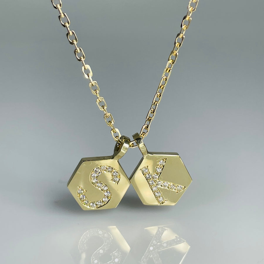 14K Yellow Gold Diamond Honeycomb Love Initials Necklace 24"